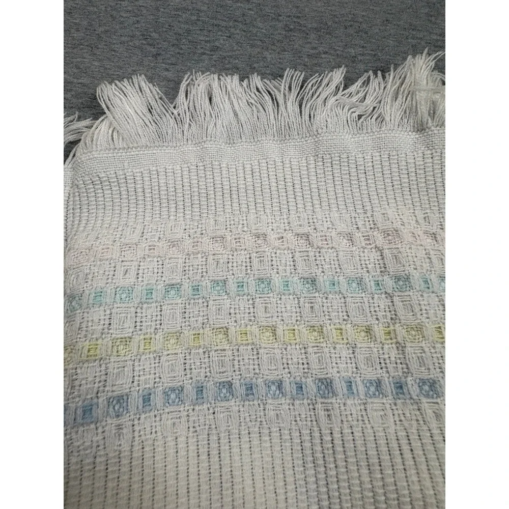Vintage Woven Baby Blanket Pastel Stripes White Fringe Acrylic Made in Japan